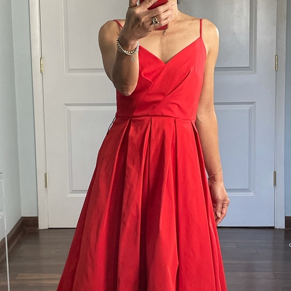 J Crew Red A line V Neck Full Skirt Midi Dress 00 - Picture 2 of 10